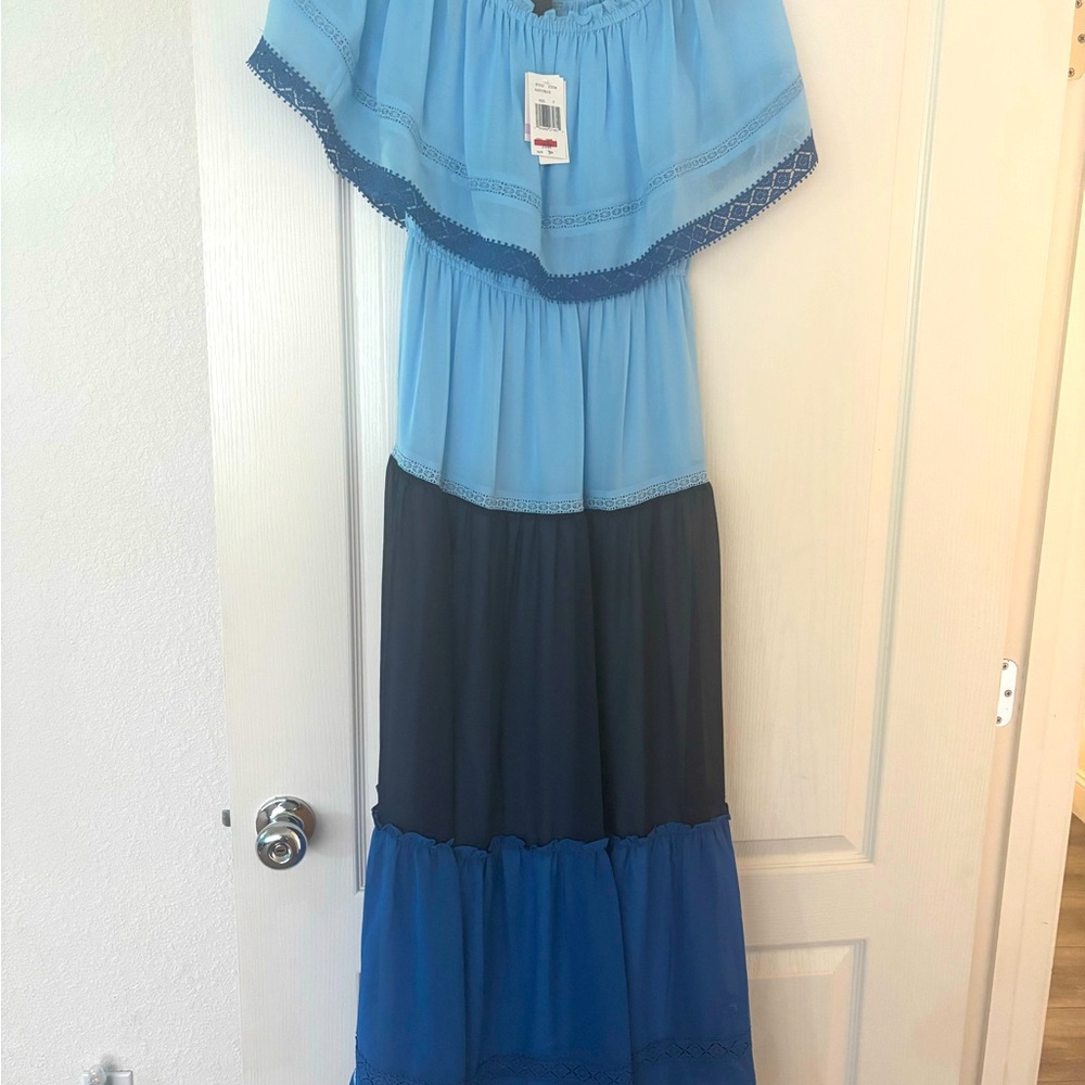 Ruffle off the shoulder navy blue dress by Taylor NWT